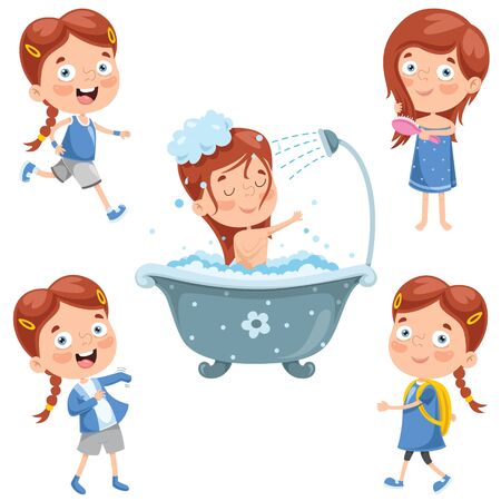 Little kid making daily routine activities Stock Photo