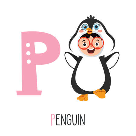 Character in animal costume showing alphabet letter