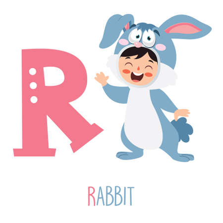 Character in animal costume showing alphabet letter