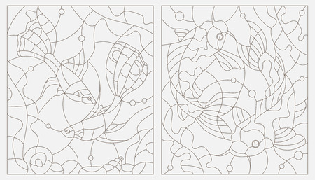 水族館の魚とステンド グラスの輪郭のイラスト 金魚とスカラーを設定します のイラスト素材 ベクタ Image 水族館の魚とステンド グラスの輪郭のイラスト 金魚とスカラーを設定します のイラスト素材 ベクタ Image