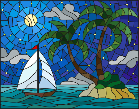 ステンド グラス仕立て海、ヤシの木と熱帯の島と海、太陽と曇り空の
