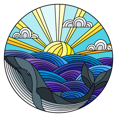 波にステンドグラス風クジラのイラスト 晴れた空と雲 丸い画像のイラスト素材 ベクタ Image 9287