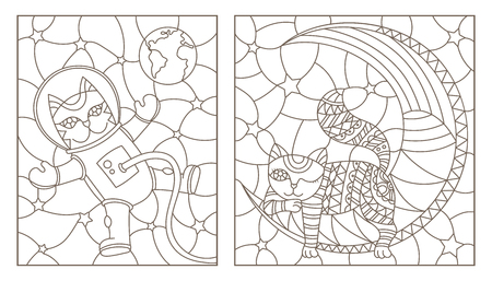 Set Of Contour Stained Glass Illustrations With Funny Cats Cat Astronaut And Sleeping On