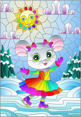Illustration in a stained glass style with a cute cartoon mouse on skates on the background of a winter landscape