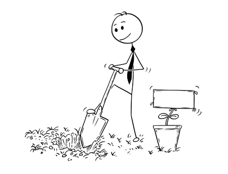 花として成功の看板を持つ木を植えるために穴を掘るビジネスマンの概念的なイラストを描く漫画の棒男 投資 成長 キャリアのビジネスコンセプト のイラスト素材 ベクタ Image