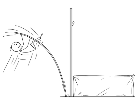 Cartoon stick drawing conceptual illustration of athlete doing pole vaulting.