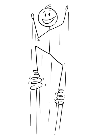 漫画の棒フィギュアは 足にスプリングでジャンプを楽しむ男の概念的なイラストを描きます のイラスト素材 ベクタ Image