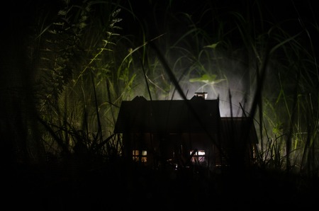 月明かりの夜に幽霊を持つ古い家や霧の中で放棄されたホーンテッドホラーハウス シュールな大きな満月の古い神秘的なヴィラ ホラーハロウィーンのコンセプト 選択的フォーカス の写真素材 画像素材 Image