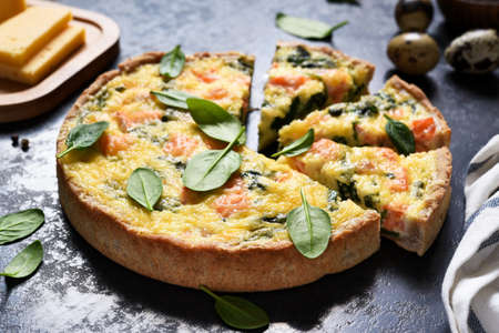 Tarte au saumon et épinards, fromage sur fond de béton noir. quiche au poisson.