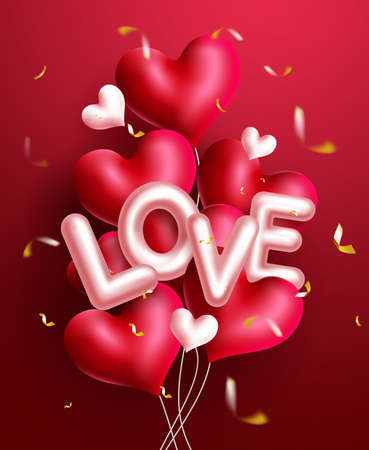 Diseño de concepto de vector de globos de amor de san valentín. texto de amor y decoración de globos de corazones con elementos de celebración de confeti para el regalo y saludo sorpresa del día de san valentín. ilustración vectorial