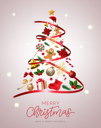 Christmas tree vector concept design. christmas tree symbol in red lasso shape with gift, candy cane, and ornaments decoration for xmas season greeting card. vector illustration