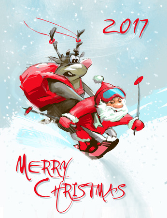 Greeting merry christmas card. funny santa claus goes down on skis with polar deer on back. Stock Photo