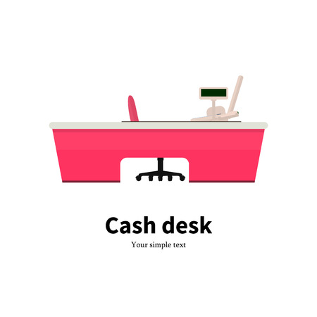 ベクトル イラスト漫画の女の子がレジの後ろに座って スーパーでカウンターの後ろにレジします 現金デスクの店で販売 現金は立っています 孤立した白い背景 フラット スタイル のイラスト素材 ベクタ Image