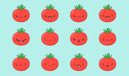 ベクトルかわいいトマト絵文字のセットです 明るい青の背景に分離されました のイラスト素材 ベクタ Image