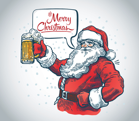 Jolly Santa Claus with a beer in hand and with a speech bubble. Vector Illustration