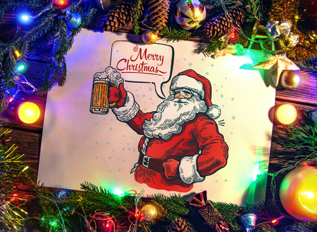 Illustration of a Santa Claus holding beer with a speech bubble.