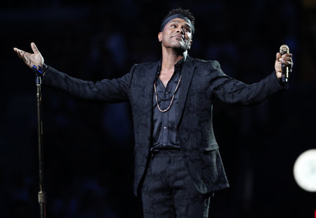 New York - August 27, 2018: American Singer And Songwriter Maxwell Sings National Anthem At The 2018 Us Open Opening Night Ceremony At National Tennis Center In New York