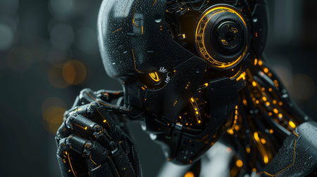 The man uses technology smart robot ai artificial intelligence by entering command prompts future technology transformation