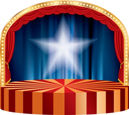 Vector circle circus or theater stage with red curtain and white star