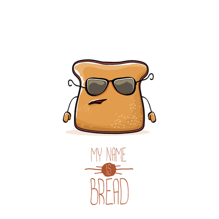 ベクトル面白い漫画かわいいスライスパン文字は 白い背景に隔離されています 私の名前はパンコンセプトイラストです ファンキーな食べ物のキャラクターのイラスト素材 ベクタ Image