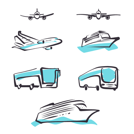 set of transportation logo template sketch image bus airplane