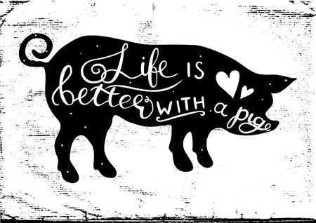 白い背景に分離された手描きのレタリングと豚ベクトルシルエット デザイン用の可愛いイラスト のイラスト素材 ベクタ Image 白い背景に分離された手描きのレタリングと豚ベクトルシルエット デザイン用の可愛いイラスト のイラスト素材 ベクタ Image