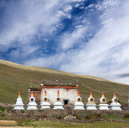 Ancient buddhists monastery and stupa in shey phoksumdo national park, dolpo, nepal himalaya